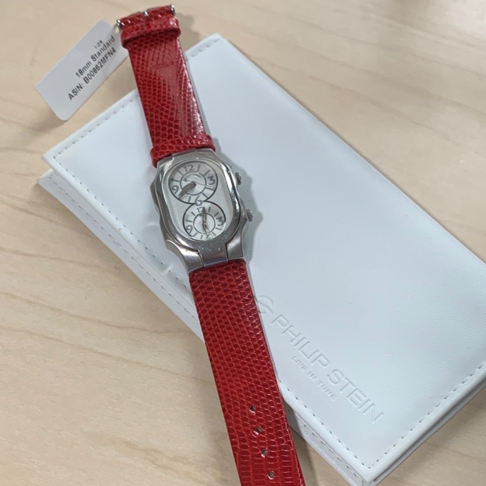 Philip Stein Red Leather Strap Dual-Dial Watch